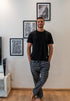 Men summer pajama set Black T-shirt + Black X Grey Stripes Pants